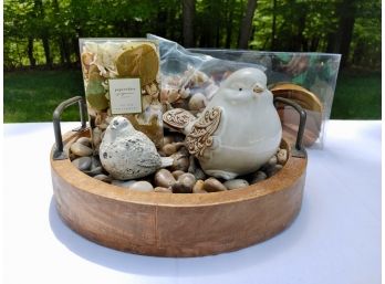 Round Wood Tray With Beach Rocks, Potpourri & Birds