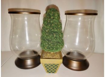 Pair Pillar Glass Candle Holders & Miniature Topiary