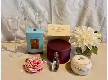 Miscellaneous Lot Including Decor, Perfume, Trinket Boxes, Pier 1 Flower