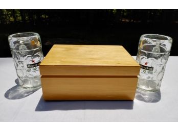 Birch Humidor & 2 Heineken Glass Mugs