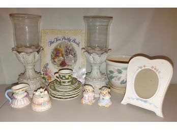 Mixed Pottery Lot - Tea Party Book, Frame, Candlesticks, Cream & Sugar