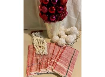 Pier 1 Red Christmas Ball & Tinsel Tree & Napkins, Snowball Lights