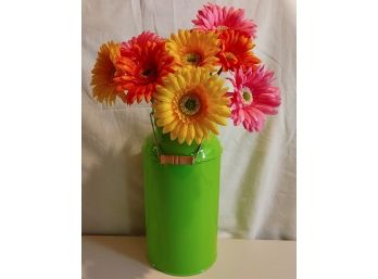 Green Painted 'Milk' Tin With Brightly Colored Flowers