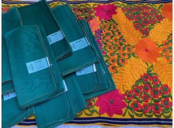 Colorful Embroidered Table Runner & 12 Pier 1 Green Napkins