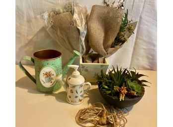 Faux Gardening Lot - Dried Flower Bouquets, Hanging Plant, Watering Can