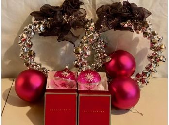 Silver Bells Wreaths, Pottery Barn Ornaments & 3 Pink Balls