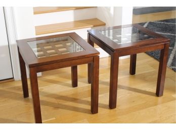 Pair Of Glass Top Solid Wood Base End Tables