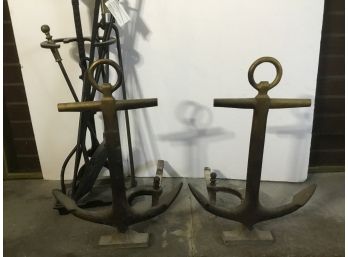 PR. Antique Anchor Andirons & Fireplace Tools