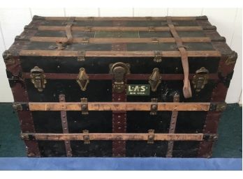 Antique Large Wooden & Leather Strapped Trunk