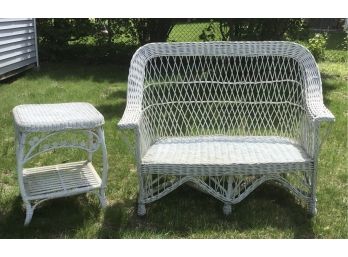 Vintage White Wicker Loveseat & Table