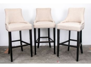 Set Of Three Upholstered Barstools With Nailhead Trim