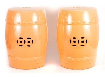 Pair Of Traditional Ceramic Garden Stools In Orange