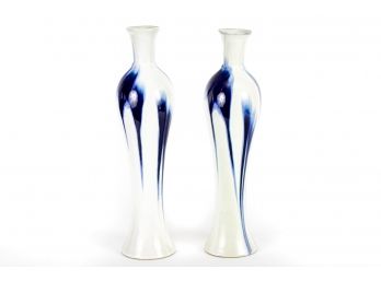 Pair Of Swirl Blue & White Ceramic Vases