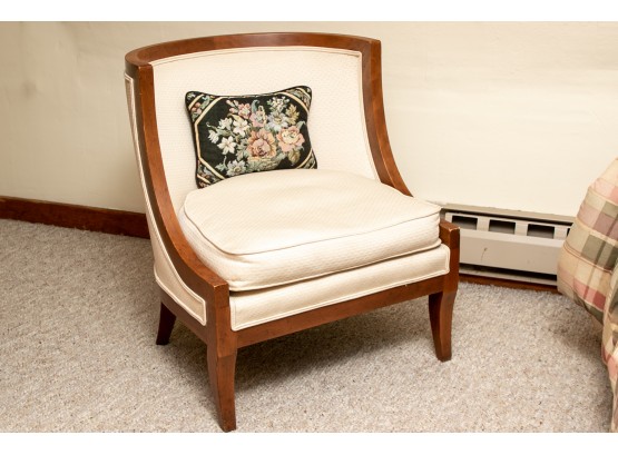 Walnut Barrel Back Slipper Chair With Cream Damask Upholstery
