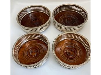 4 Silver Plate And Wood Wine Coasters, 2 Sizes