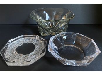 3 Vintage Glass Bowls, One With Etched Roses