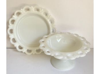 Set Vintage Milk Glass Serving Plate & Pedestal Bowl