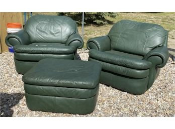 Pair Of Flexsteel Green Leather Club Chairs And Matching Ottoman