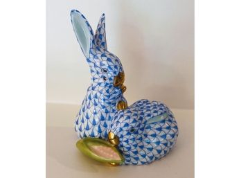 Herend Porcelain Figurine - Pair Of Rabbits With Corn - Blue