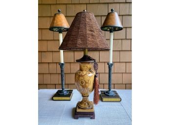 Lamp Trio - Pair Of Maitland Smith With Leather Shade And Lamp With Beaded Shade