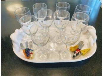 Wine Glasses (10), Platter And Cheese Spreaders