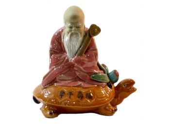 Chinese Mudman Figurine Shouxing Lao Longevity Sitting On Turtle