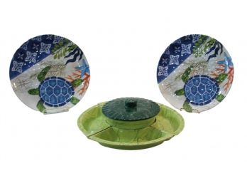 Pair Of Turtle Serving Plates And A Covered Relish Tray