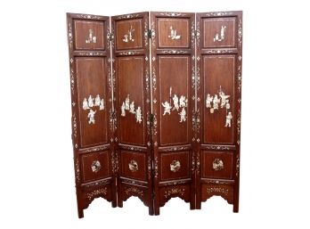 Antique Asian Style  Mother Of Pearl Four Panel Wooden Screen