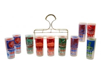 Vintage 1964-1965 New York World's Fair Set Of  10 Glasses W/ Caddy