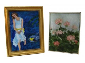 Framed Signed EF Wells Oil & Canvas Of Flowers And One Oil On Canvas Of A Woman With A Fruit Dish