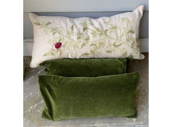 3 Green Velvet Pillows & Crewel Pillow W/ladybug