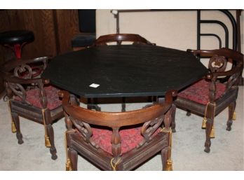 Vintage Slate Table And 4 Carved Corner Chairs