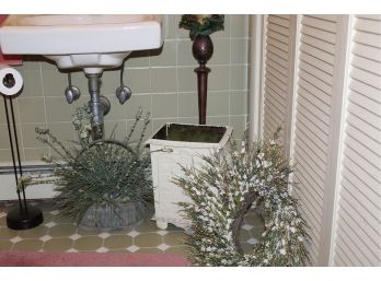 Candle Holder, Floral Decor, Wreath And Wastebasket