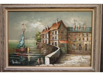 Massive Framed Oil Painting By BERNARD Of French Reflective Water Scene