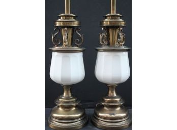 Amazing Pair Of Vintage STIFFEL Porcelain & Brass MID CENTURY MODERN Table Lamps