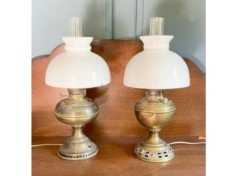 Pair Of Vintage Glass Shade Hurricane Lamps