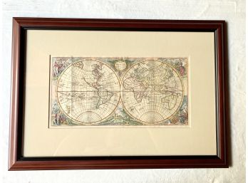 The Whole World - Copperplate Engraved Map With Hand Colored Outline And A Full Colored Vignette