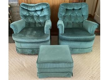 Pair Of Green Swivel Rocking Chairs With Ottoman