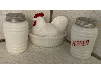 Milk Glass Salt And Pepper Shakers & Hen Dish