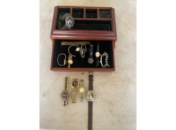 Wooden Jewelry Box  With Several Miscellaneous Watches