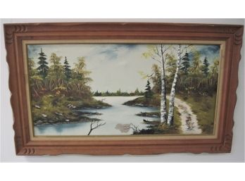 Large Landscape In Carved Frame Oil On Canvas Painting