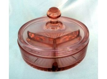 Vintage Pink Depression Glass 3 Section Covered Candy Dish