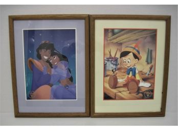 Pair Of Original Disney Store Exclusive Framed Lithographs Pinocchio & Aladdin