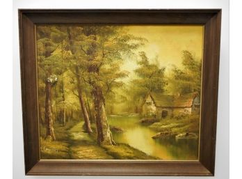 Irene Cafieri Vintage Impressionist Landscape Oil Painting Tree Lined Path Along Lake