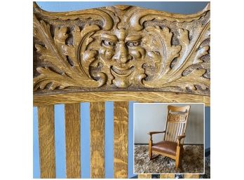 Oak Rocking Chair With Carved Man Of The North Face, Leather Seat With Brass Studs