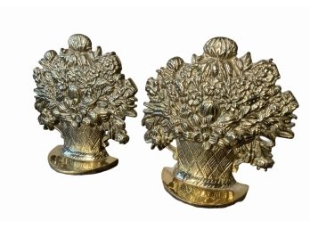 Heavy Brass Flower Basket Bookends