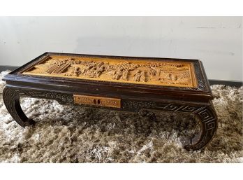 Asian Hand Carved Wood Table Village Scene With Women, Koi Fish. Has Drawer On One Side