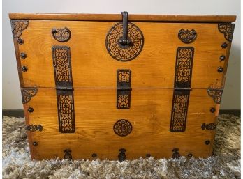 Antique Korean Blanket Chest Adorned With Cast Iron Ornamental Edging,  Handles And Latch