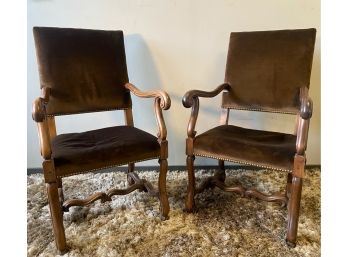 Pair Of Antique French Baroque Style Chairs, Brown Velvet/Velour Upholstery With Brass Studs