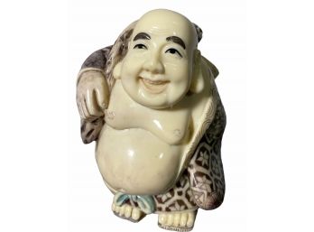 Carved Celluloid Netsuke, Signed, Smiling Budha